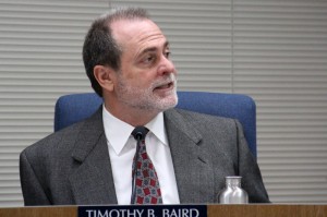 Encinitas Union School District Superintendent Dr. Timothy Baird speaks to the Board of Trustees on Tuesday, April 29, explaining his recommendation that they vote to formally cancel the imminent auction of the Pacific View property.