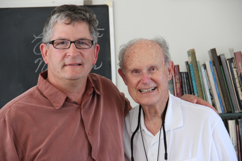 Kranz visits with former Pacific View principal and Encinitas Historical Society Vice-President Lloyd O'Connell in the old schoolhouse on the Pacific View property.