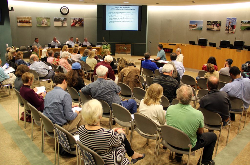 Pacific View Activation Plan Subcommittee members Tony Kranz and Lisa Shaffer (at table near right center) present their concepts for the interim use of the newly acquired property at the January 13 meeting. (Click to enlarge)